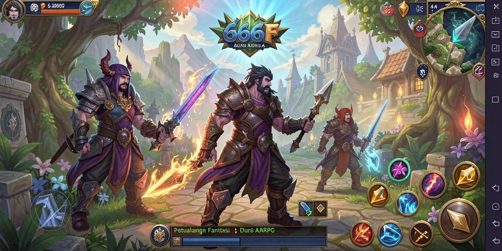Screenshot gameplay dari dunia fantasi <strong>666F</strong> yang penuh aksi.
