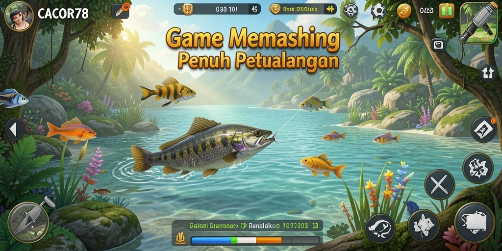 Tampilan gameplay seru dalam CACOR78 dengan berbagai jenis ikan dan lokasi memancing.