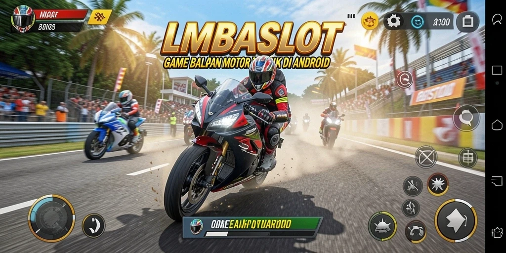 Tampilan gameplay LMBASLOT dengan motor balap yang cepat dan trek menantang.