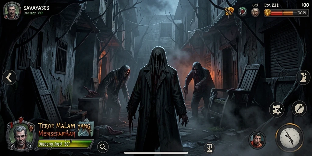 Screenshot menunjukkan suasana menakutkan dalam gameplay SAVAYA303.