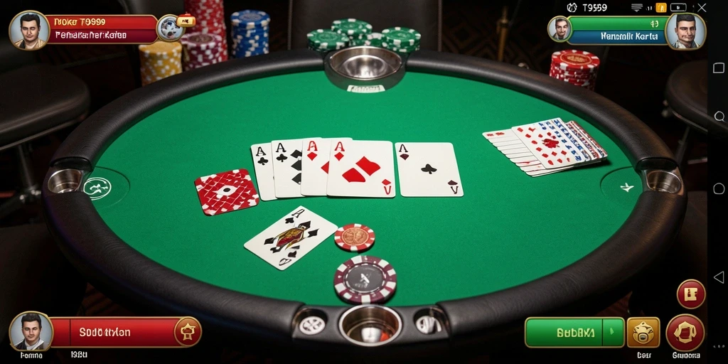 Screenshot gameplay T9999 menampilkan suasana permainan Poker yang menggembirakan.