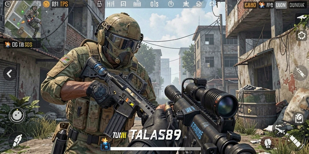 Screenshot gameplay TALAS89 menunjukkan aksi seru di medan perang FPS.